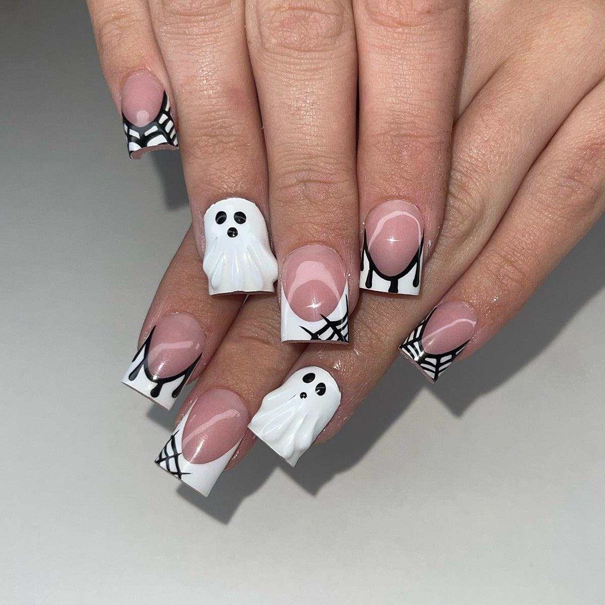 Spooky Elegance Short Square White Ghost Press On Nail Set with Spiderweb Design