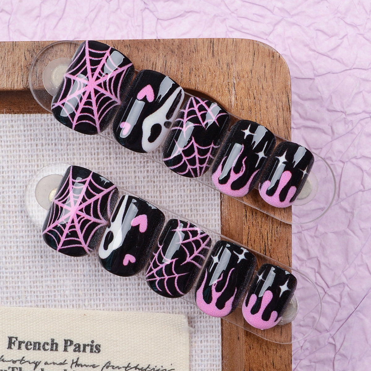 Spooky Charm Short Square Black and Pink Spiderweb Design Press on Nail Set