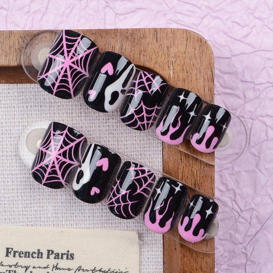 Spooky Charm Short Square Black and Pink Spiderweb Design Press on Nail Set
