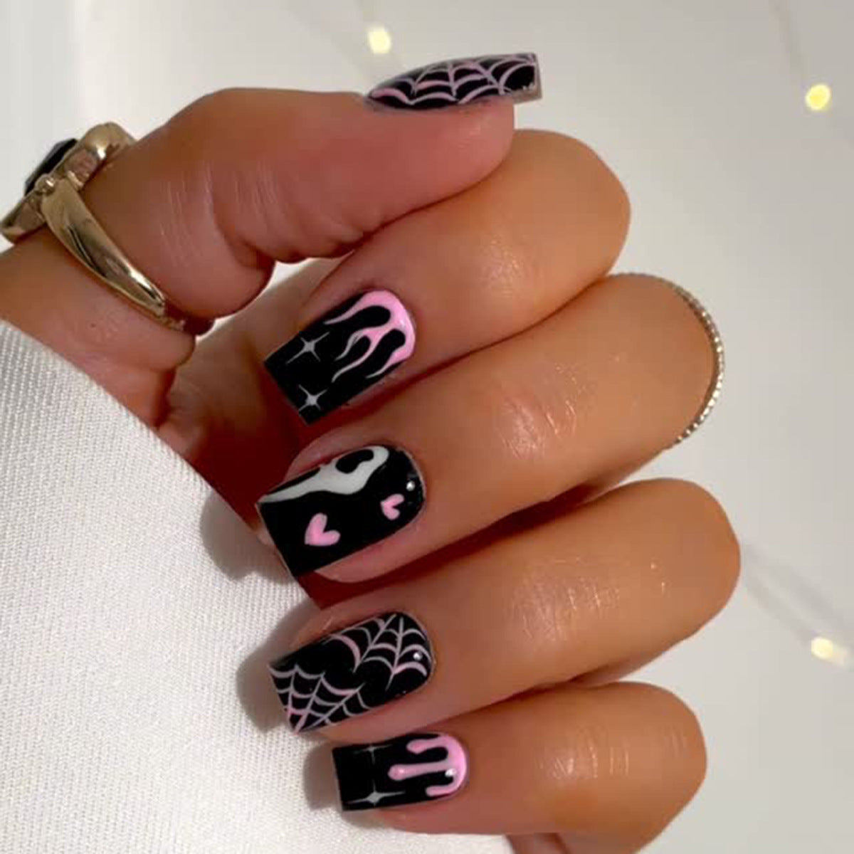 Mystic Halloween Medium Square Black and Pink Press On Nail Set with Unique Spiderweb Design