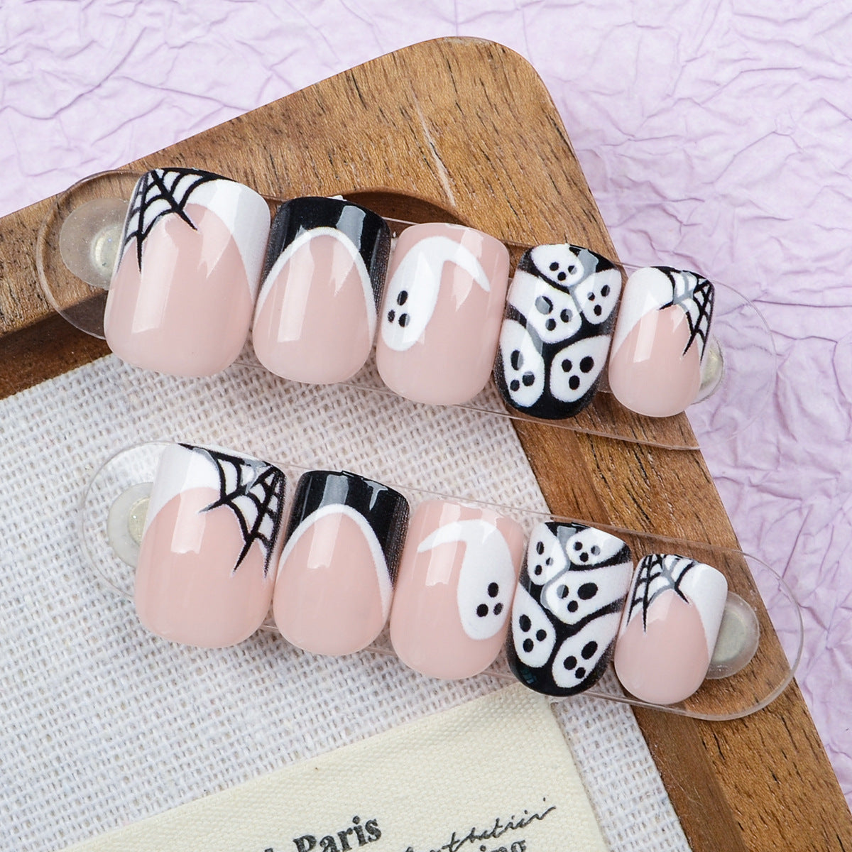 Spooky Vibes Short Square Beige with Ghostly Design Press-On Nail Set
