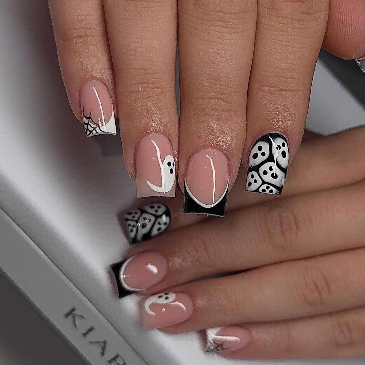 Spooky Spirit Short Square Pink with Ghostly Design Press on Nail Set