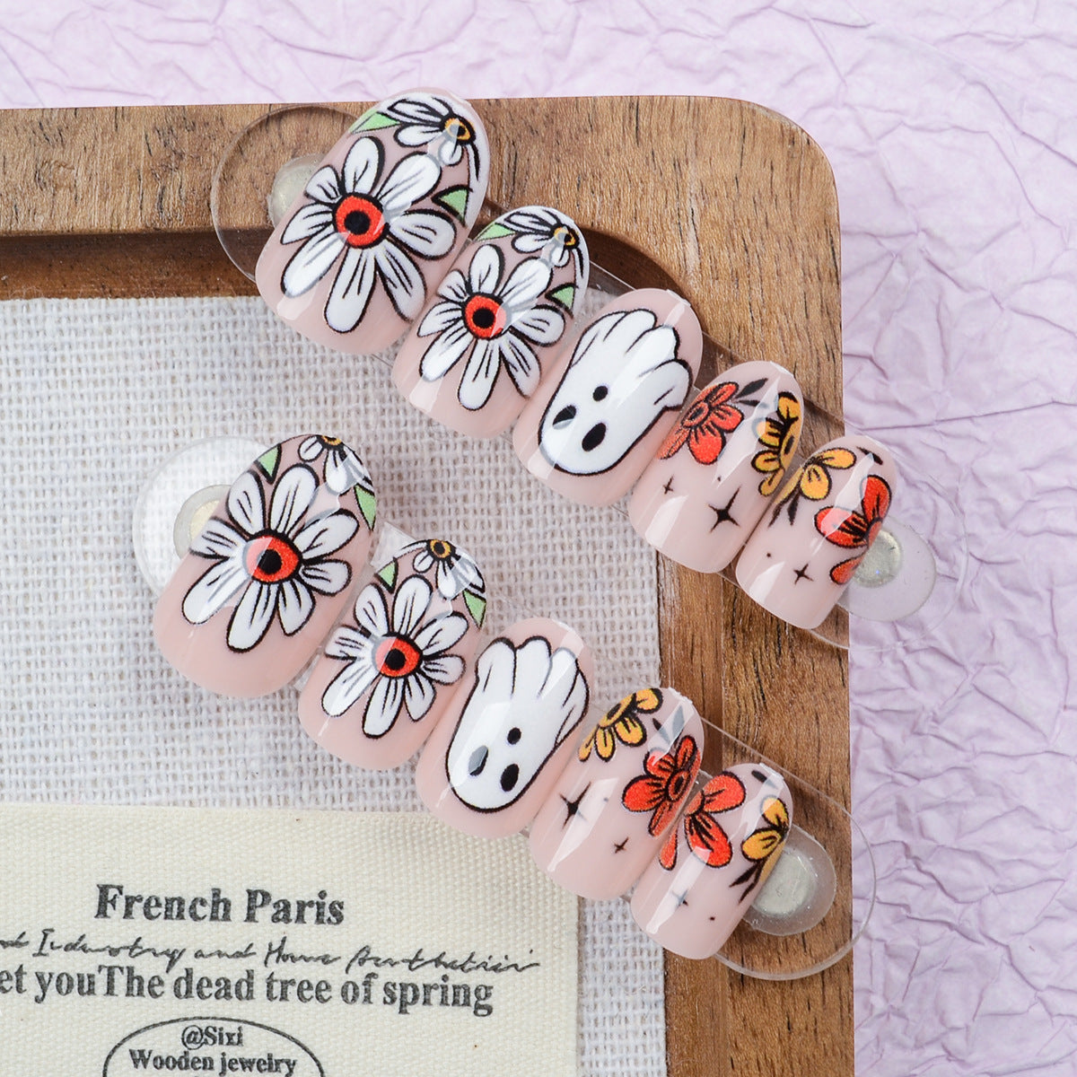 Whimsical Floral Art Medium Almond Peachy Base Press On Nail Set