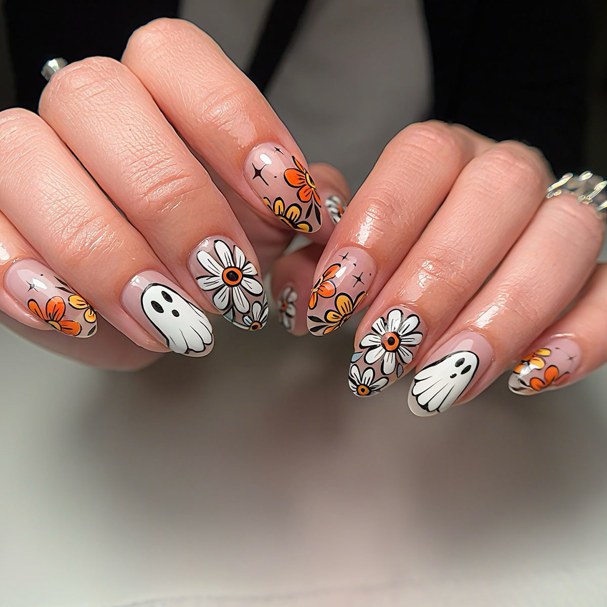 Haunting Floral Medium Almond Orange and White Press On Nail Set with Ghost Accents