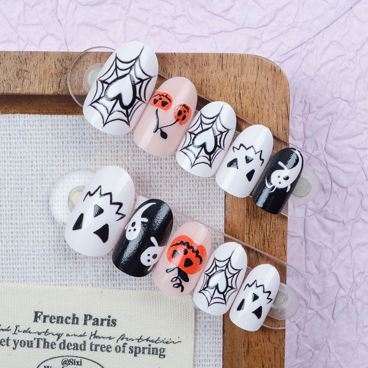 Spooky Halloween Medium Oval Orange Spider Web Press On Nail Set