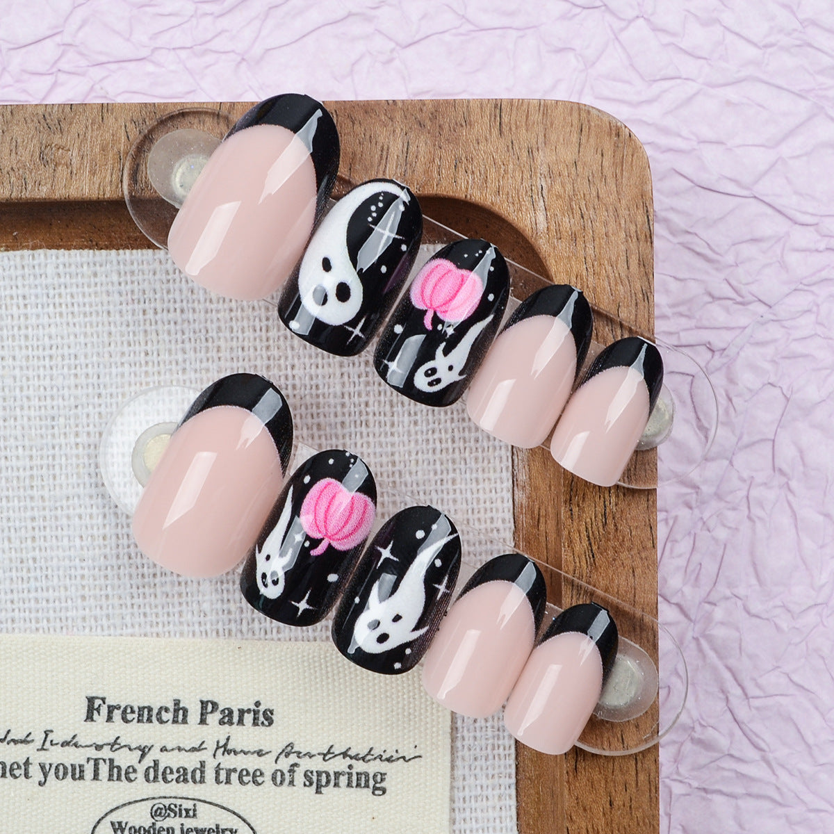 Spooky Ghostly Medium Oval Pink and Black Press On Nail Set with Fun Halloween Design
