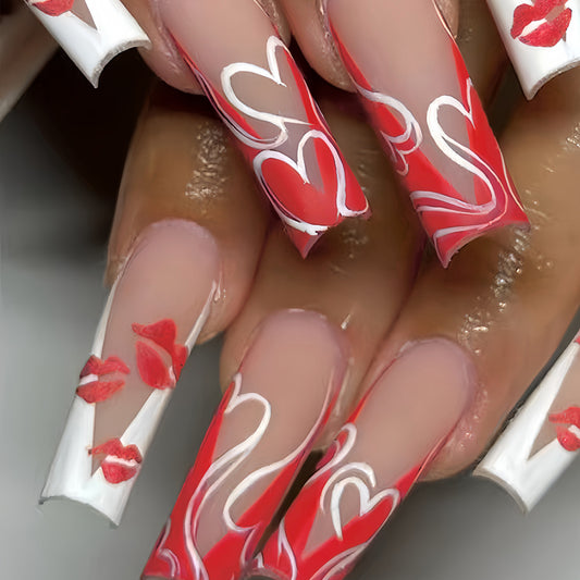 Romantic Heartfelt Long Square Red Acrylic Nail Set with Kiss Lip Designs