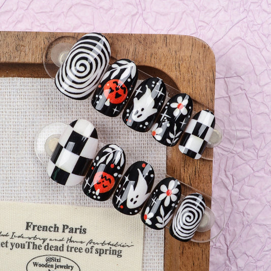 Spooky Vibes Medium Oval Black and White Patterned Press on Nail Set