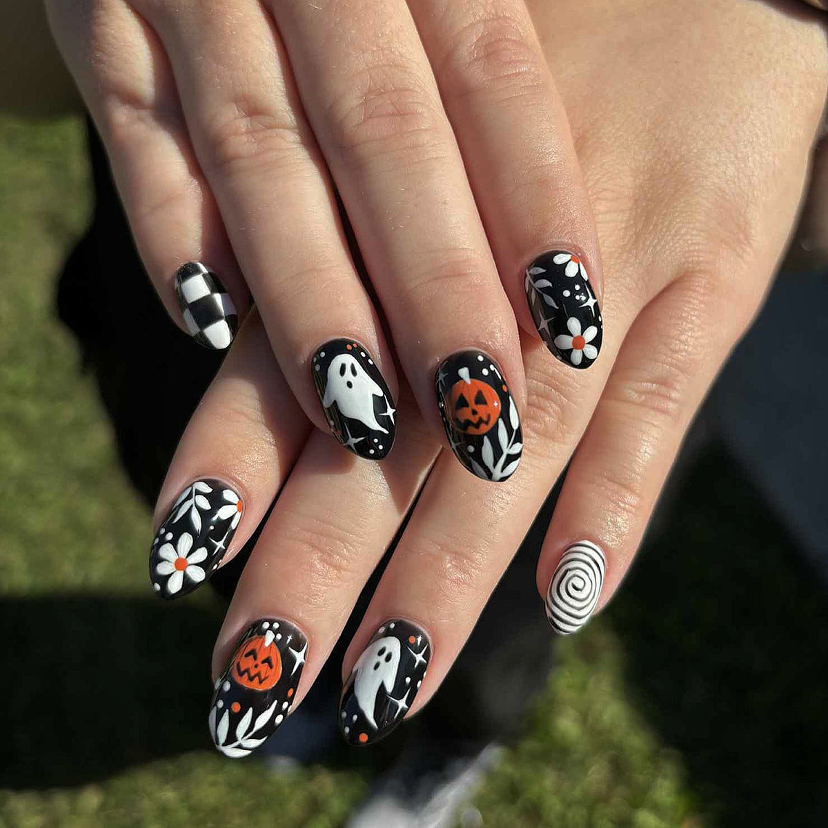 Spooky Halloween Medium Oval Black with Ghost and Pumpkin Designs Press on Nail Set