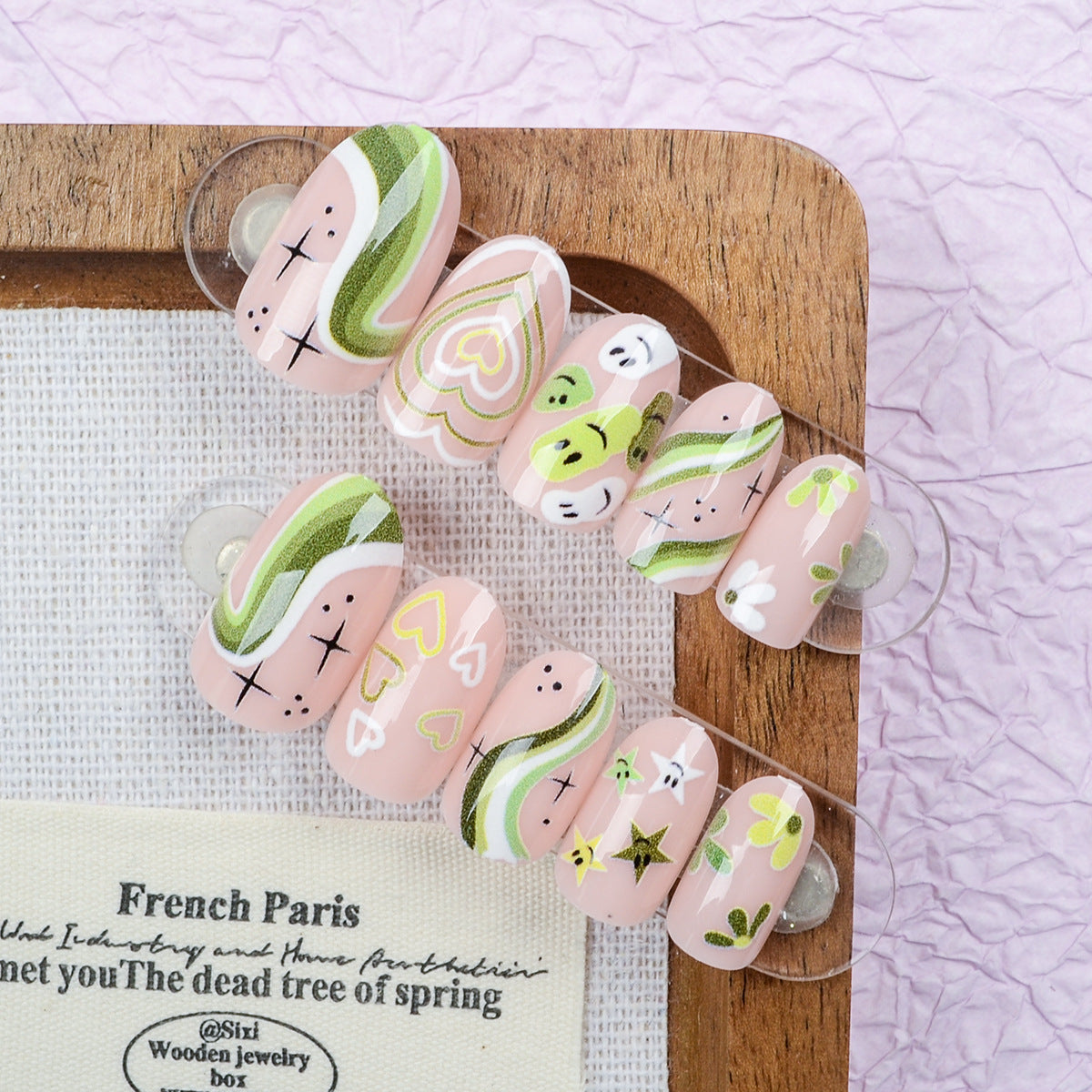 Spring Blossom Medium Round Green with Whimsical Designs Press on Nail Set