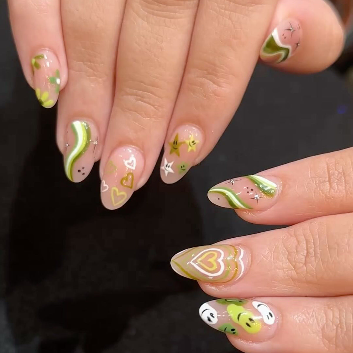 Charming Nature Inspired Long Almond Green Floral Nail Set