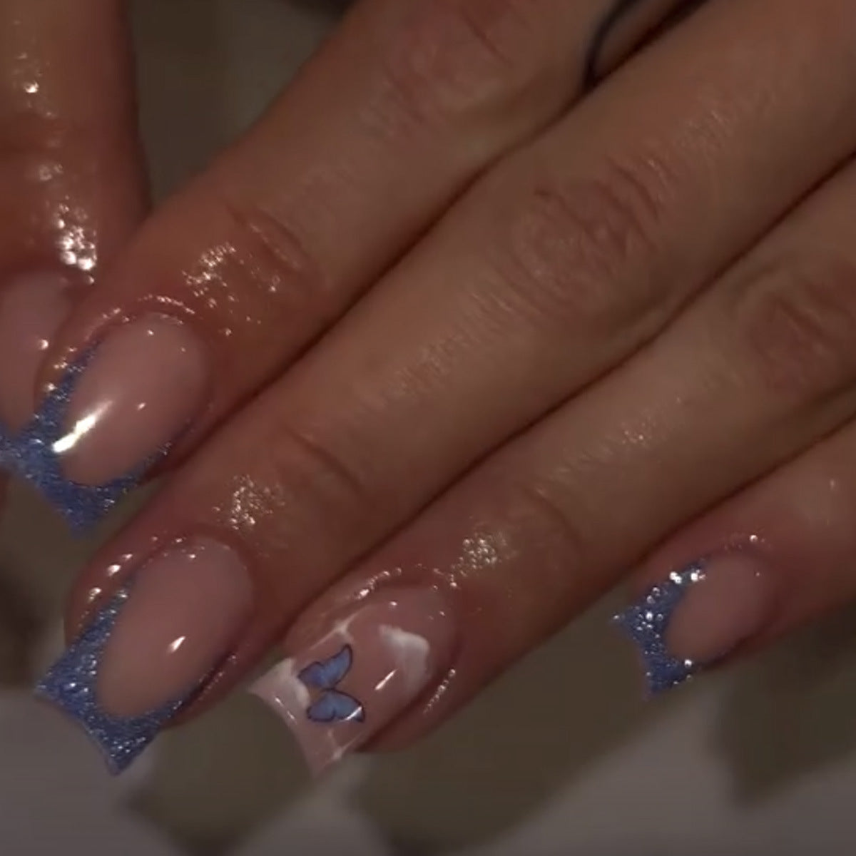Enchanting Blue Butterfly Medium Square Press On Nail Set with Glittery Tips and Artistic Design