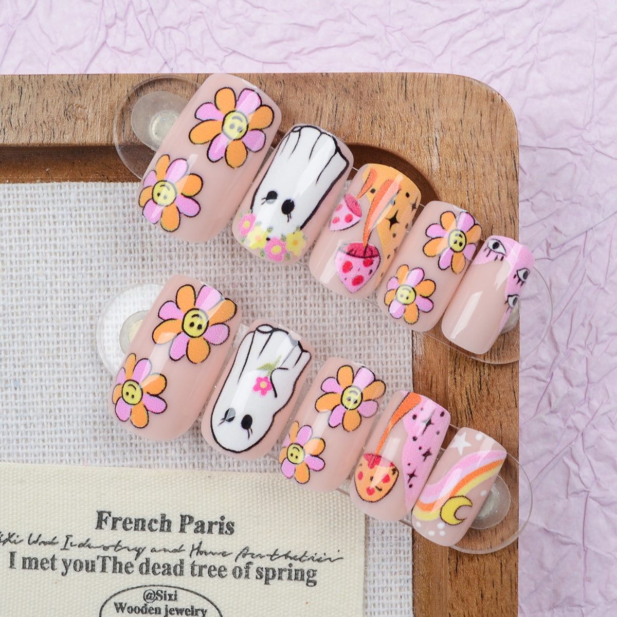 Springtime Delight Medium Square Peachy Floral Press On Nail Set