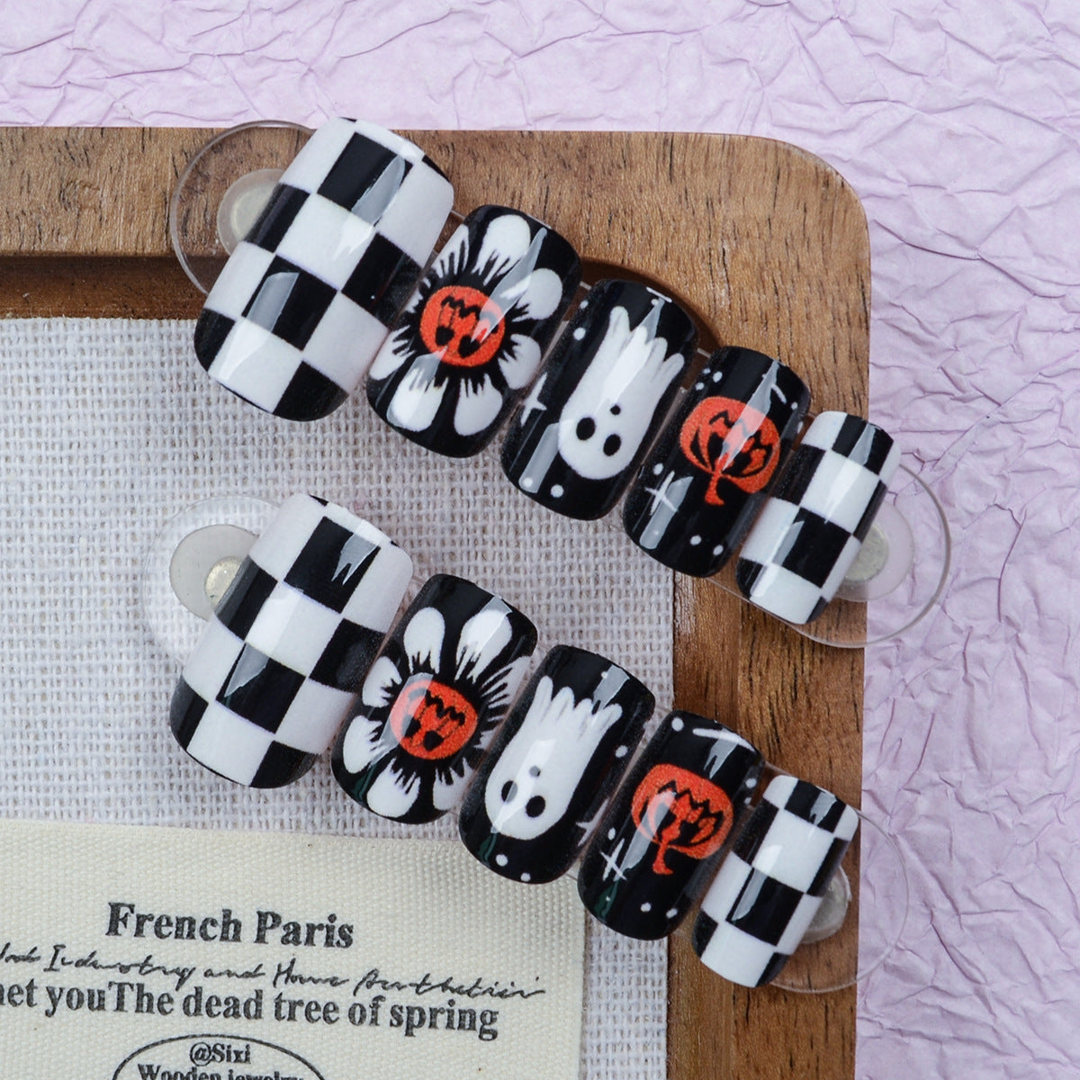 Spooky Floral Short Square Black and White Checkerboard Design Press On Nail Set