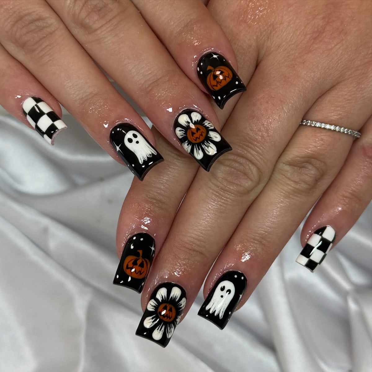 Spooky Vibes Long Square Black and Orange Nail Set with Halloween Designs