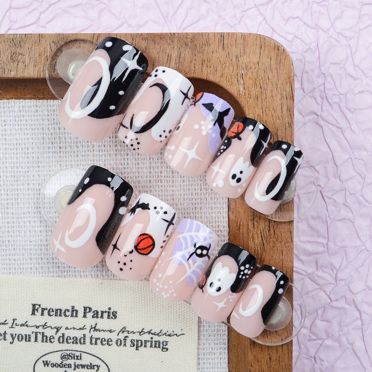 Whimsical Moonlit Short Square Black and White Illustrated Press On Nail Set