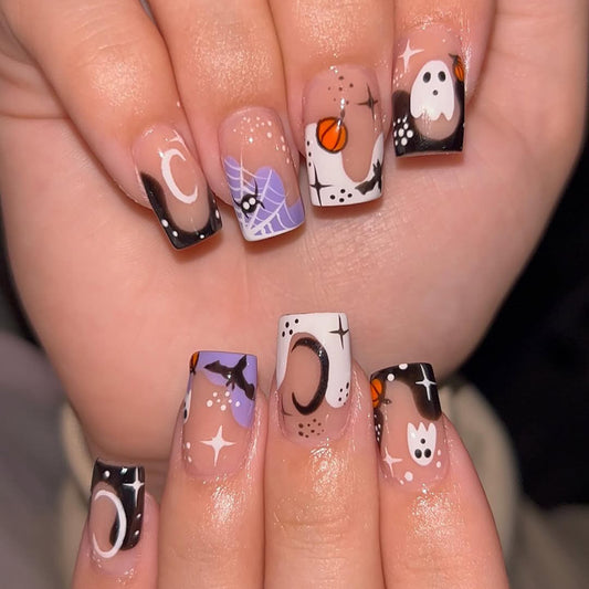 Spooky Cosmic Short Square Press On Nail Set with Eye-Catching Halloween Design