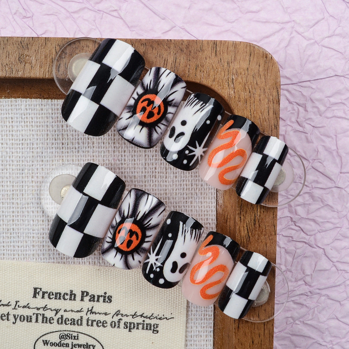 Spooky Chic Medium Square Black and White with Halloween Motif Press On Nail Set