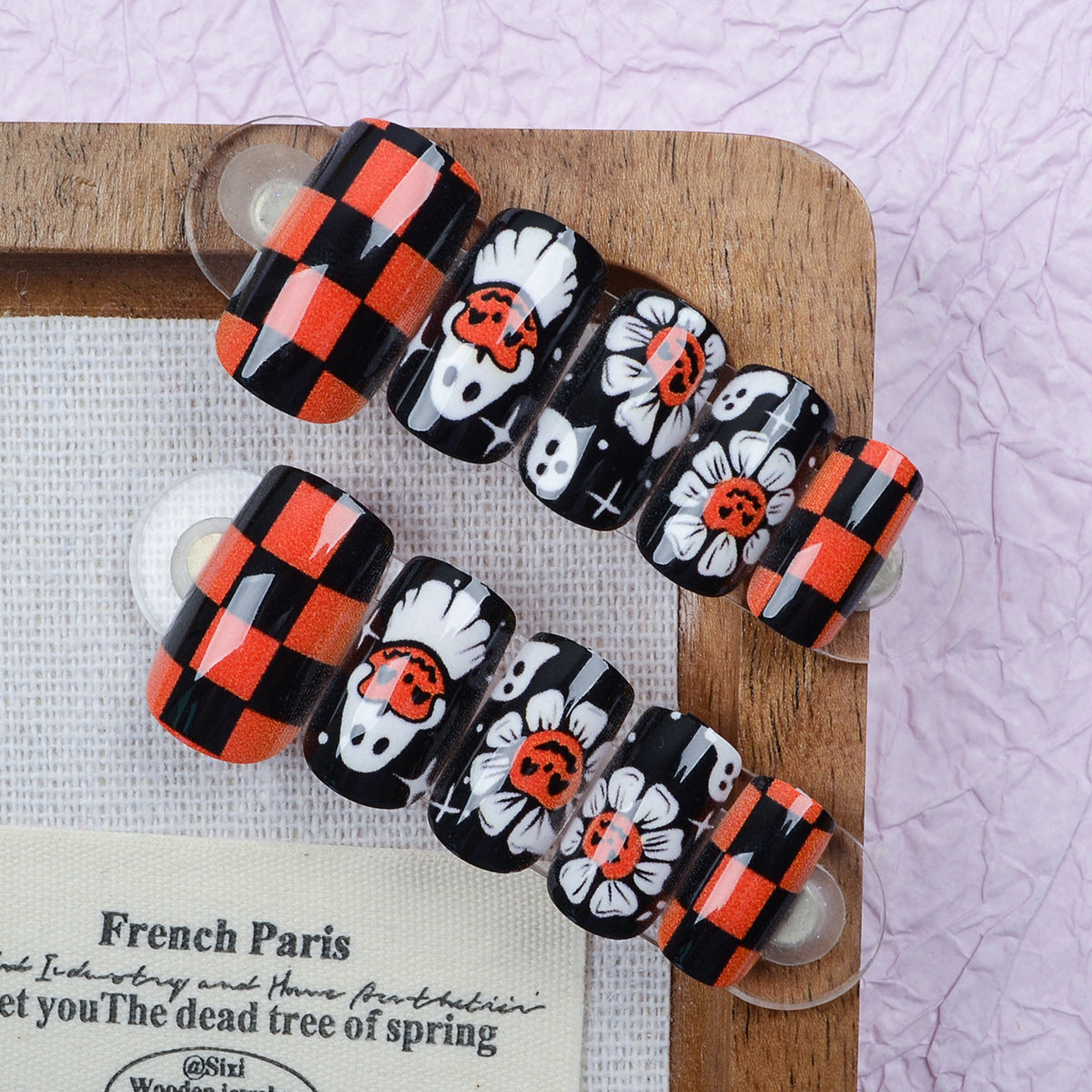 Spooky Floral Short Square Black and Orange Checkered Press On Nail Set