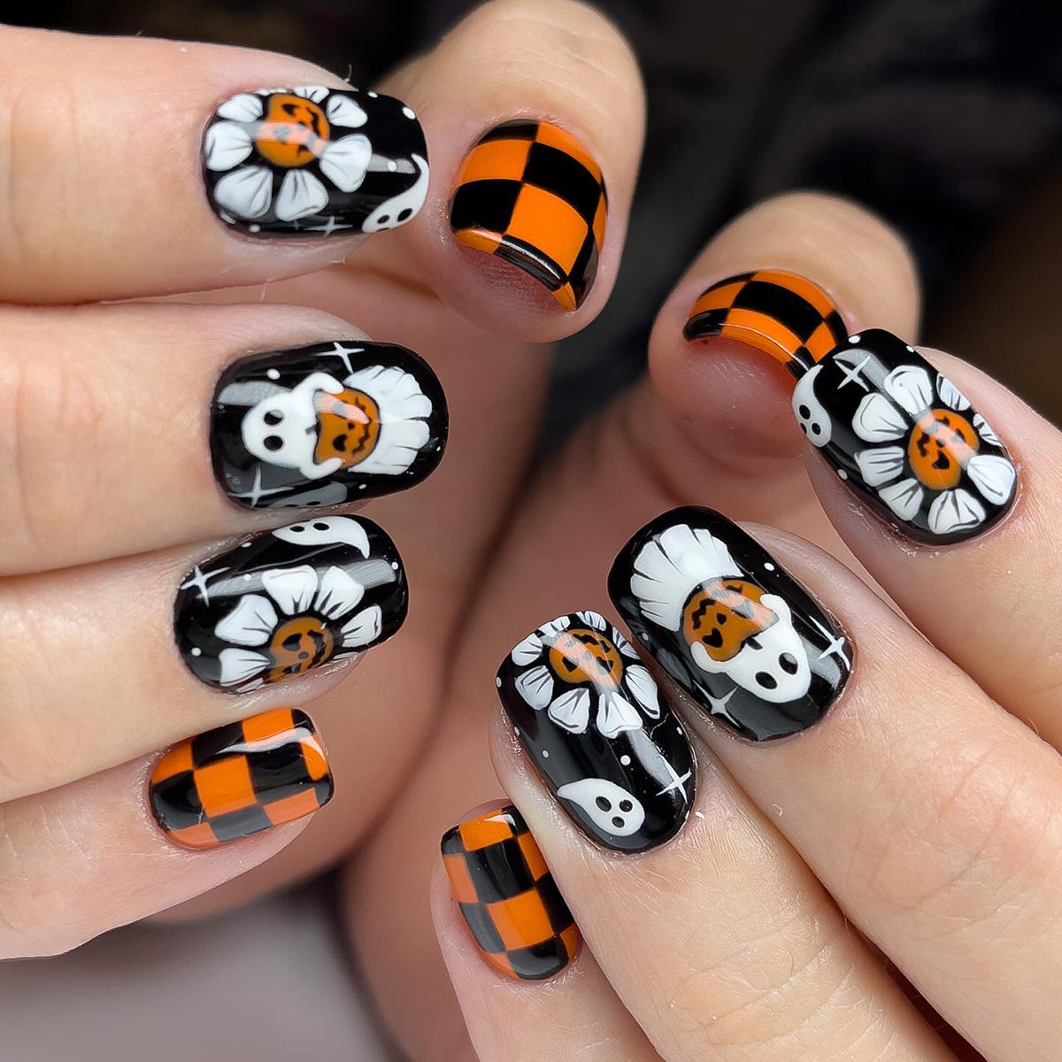 Spooky Vibes Short Square Black and Orange Floral Ghost Theme Press On Nail Set