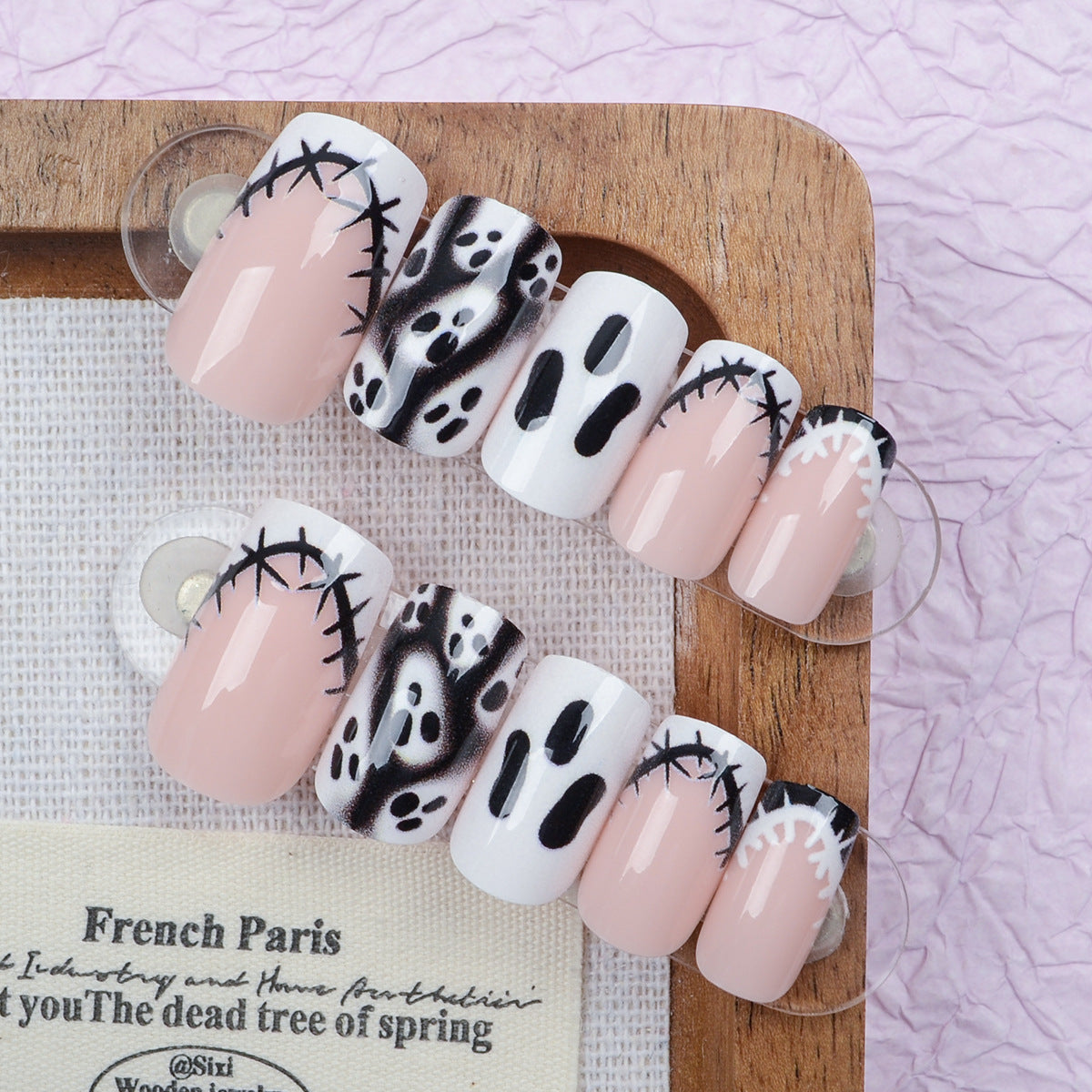 Spooky Ghostly Theme Short Square Pink and Black Stitched Design Press On Nail Set