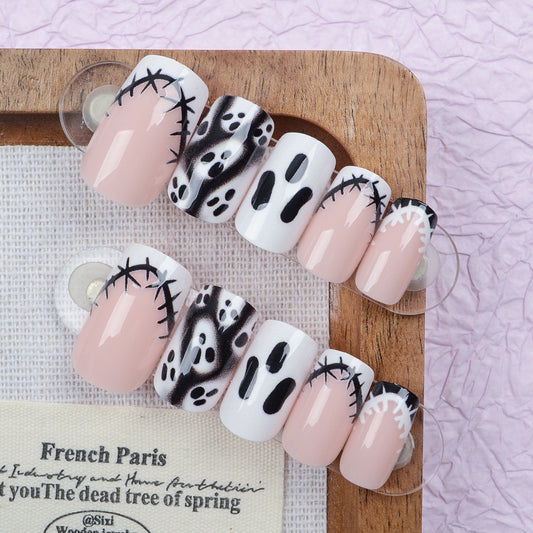 Spooky Ghostly Theme Short Square Pink and Black Stitched Design Press On Nail Set