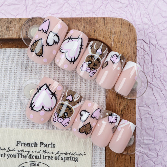 Whimsical Love Short Square Pink with Adorable Heart Patterns Press On Nail Set