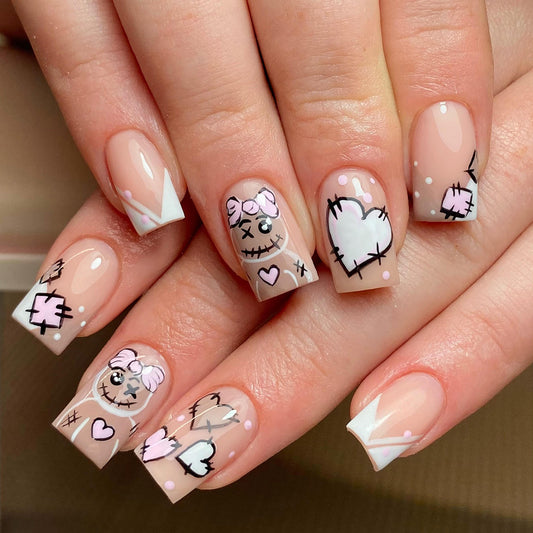 Whimsical Charm Short Square Pink Heart and Stitch Design Press On Nail Set