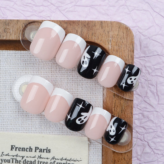 Spooktacular Long Square Pink and Black Ghost Accent Press on Nail Set
