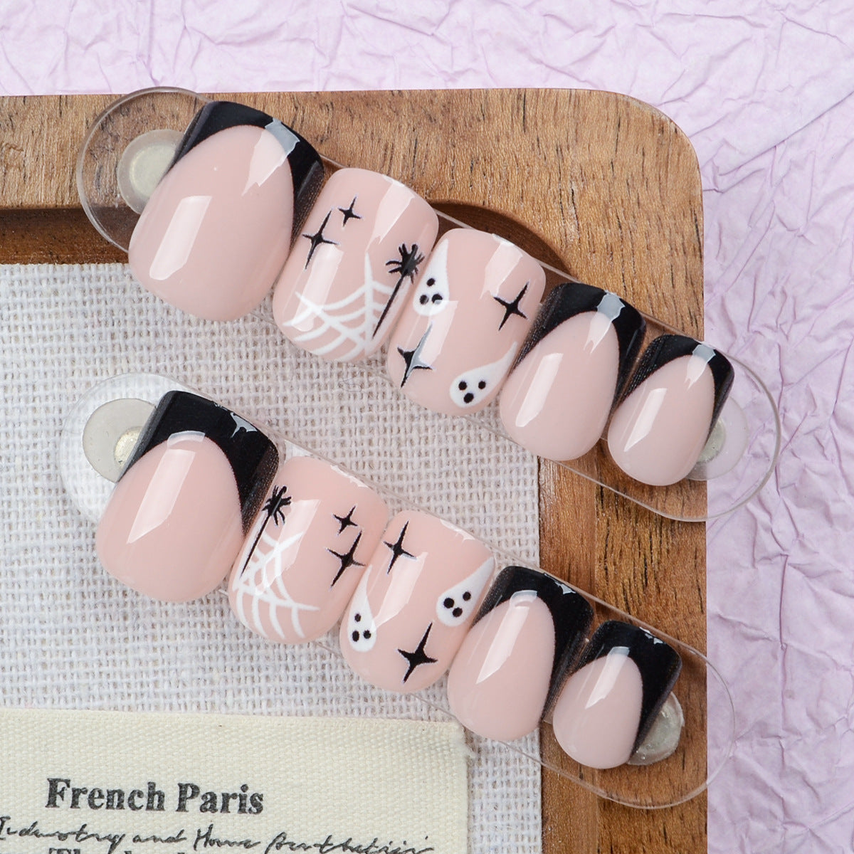 Spooky Chic Short Square Pink Press On Nail Set with Halloween Ghost and Spider Web Design