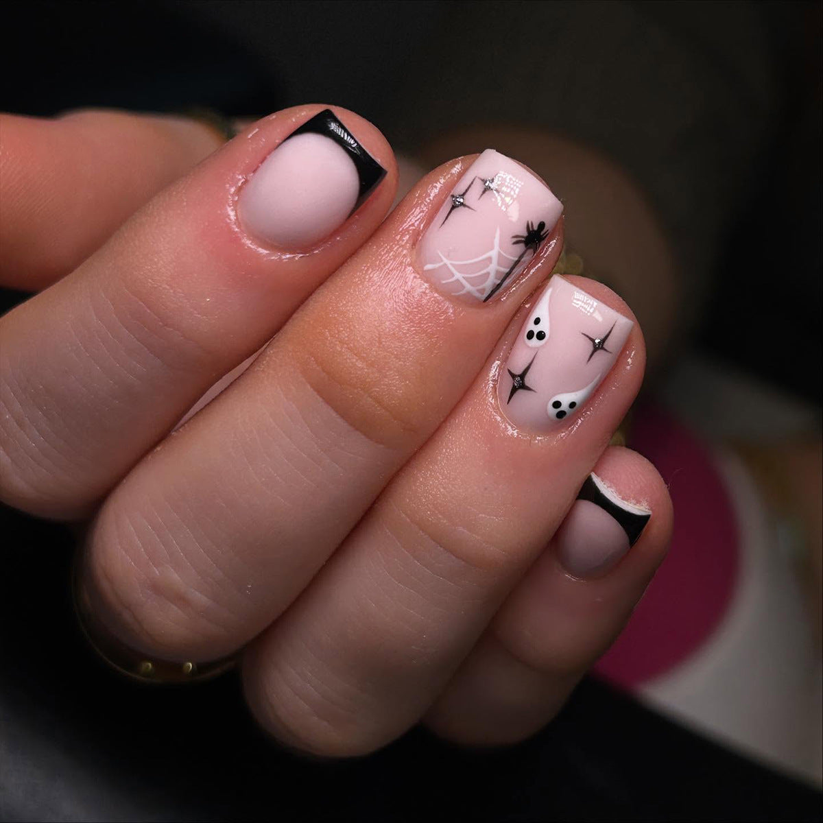 Spooky Elegance Short Square Black Tip Press On Nail Set with Unique Spider Web Design