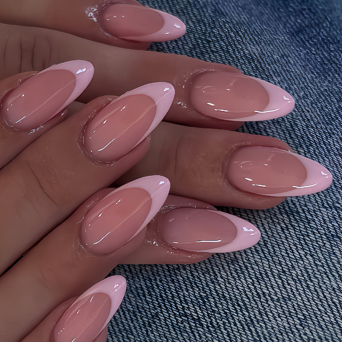Chic Glamour Long Almond Pink Dual Tone Press On Nail Set with Glossy Finish