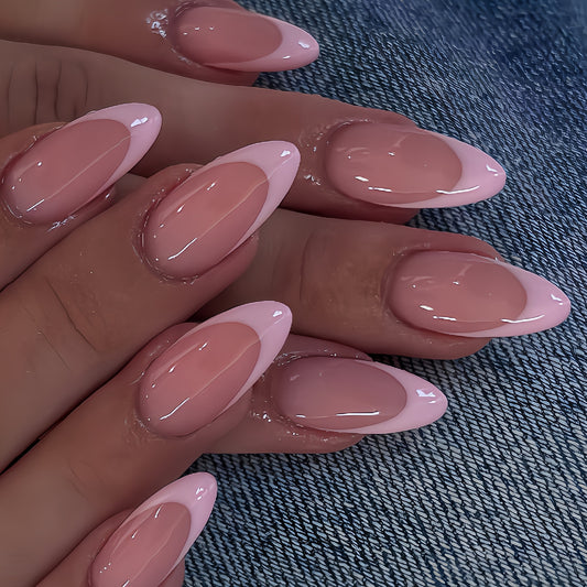 Chic Glamour Long Almond Pink Dual Tone Press On Nail Set with Glossy Finish