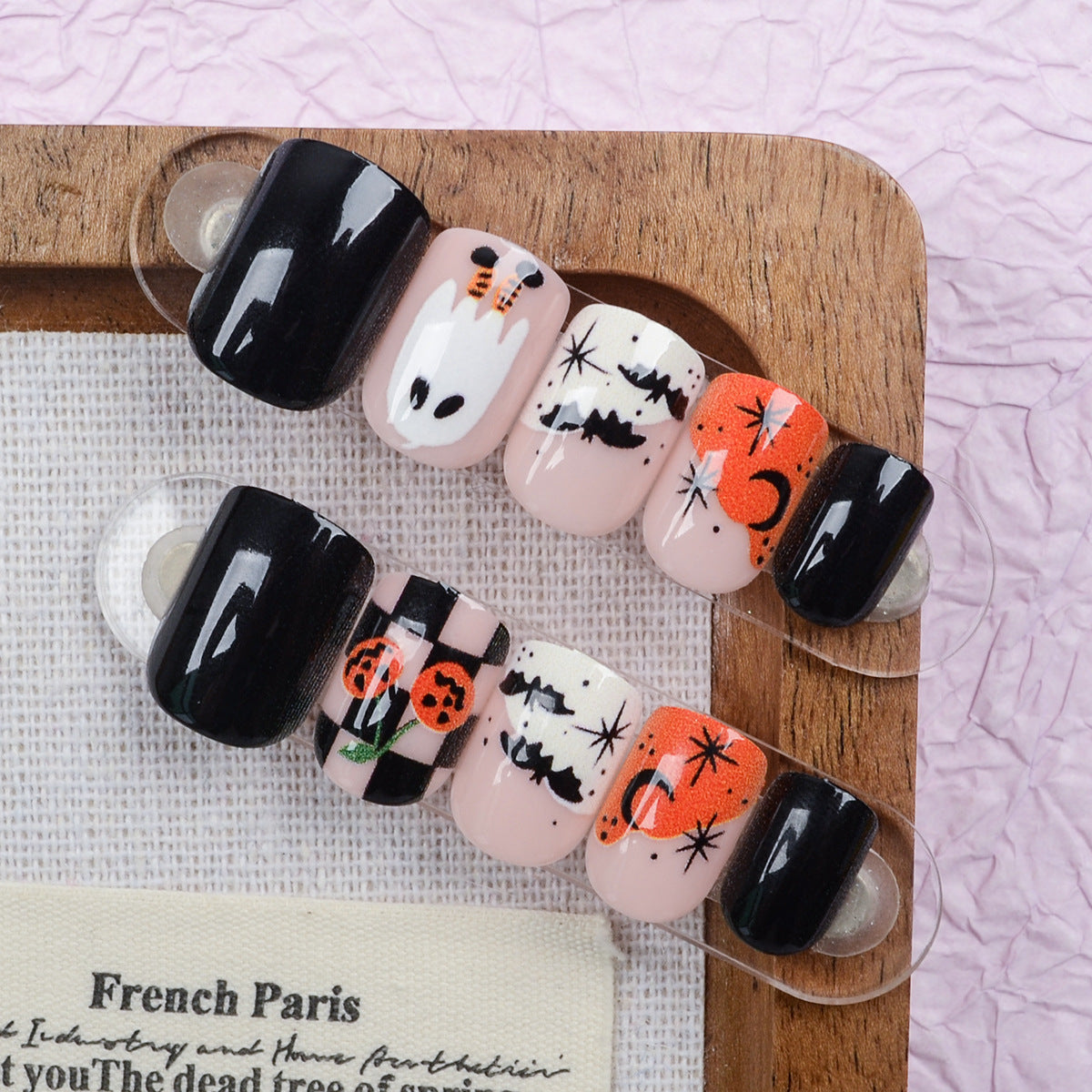 Spooky Halloween Short Square Black and Orange Press on Nail Set with Fun Ghost Design