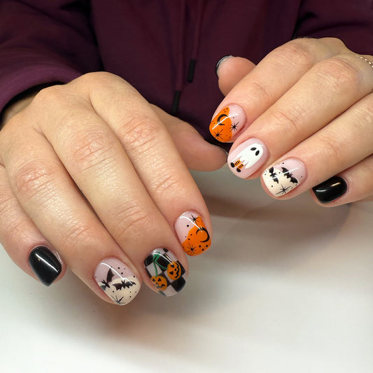 Spooky Halloween Short Square Orange and Black Nail Set with Unique Pumpkin Design