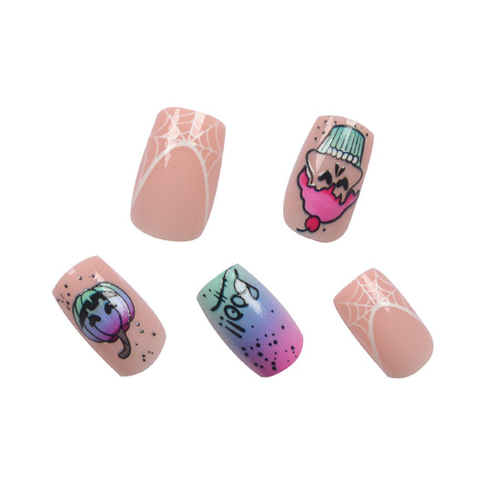 Halloween Spirit Long Length Square Pink Press On Nails with Spooky Character Artwork