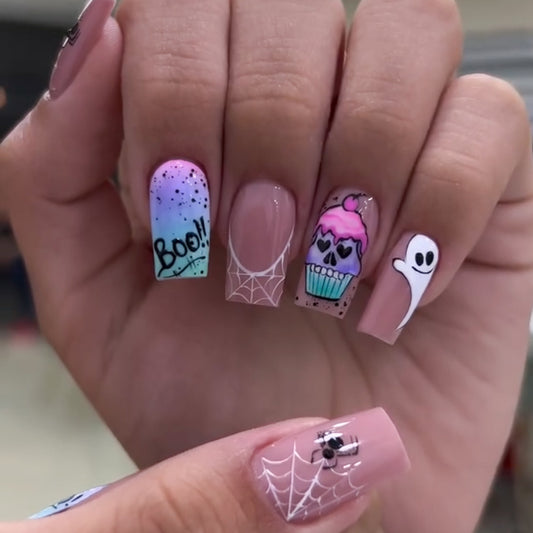 Spooky Elegance Long Square Shape Pastel Pink Press On Nail Set with Halloween Art Designs
