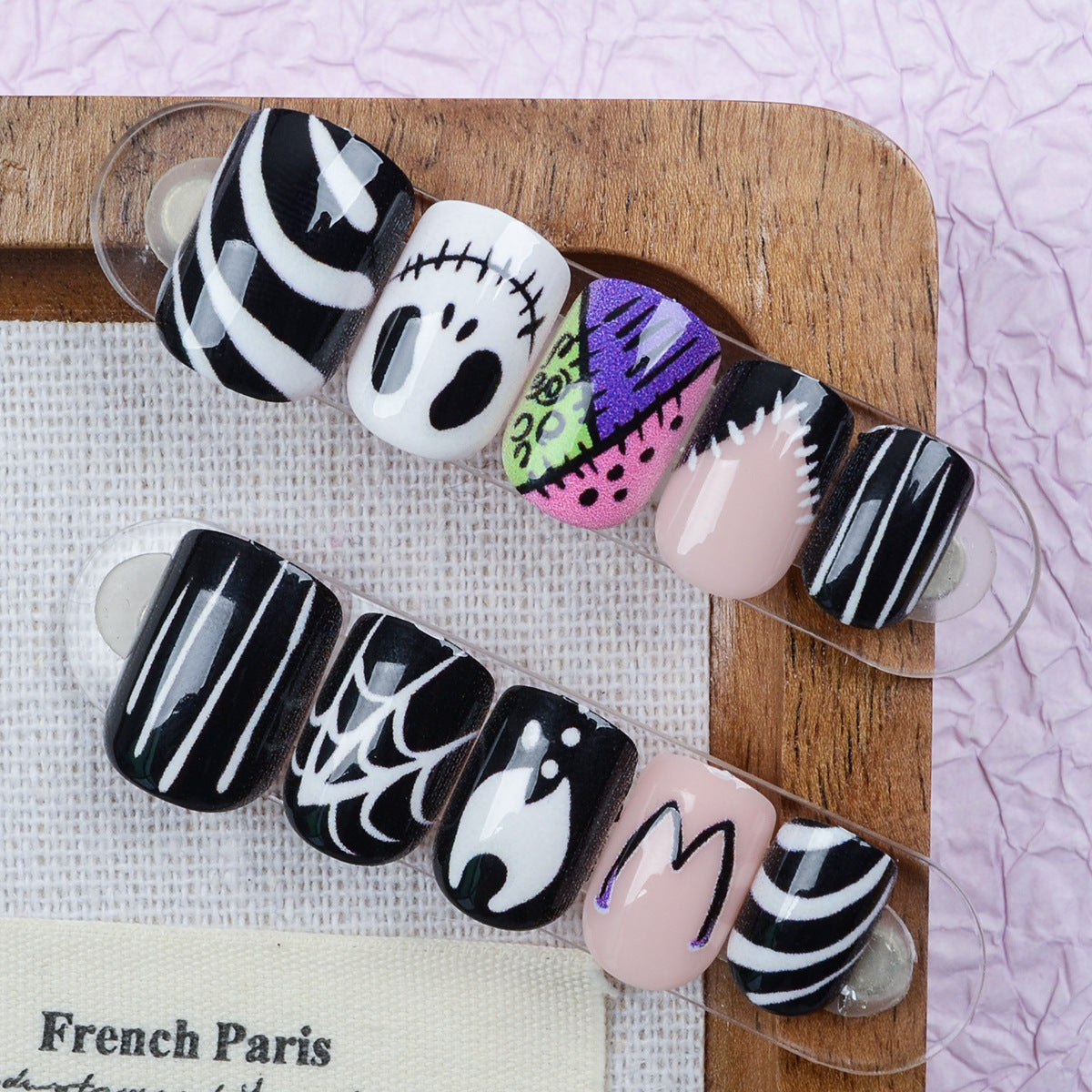 Spooky Short Square Black and White Nail Set with Unique Halloween Designs