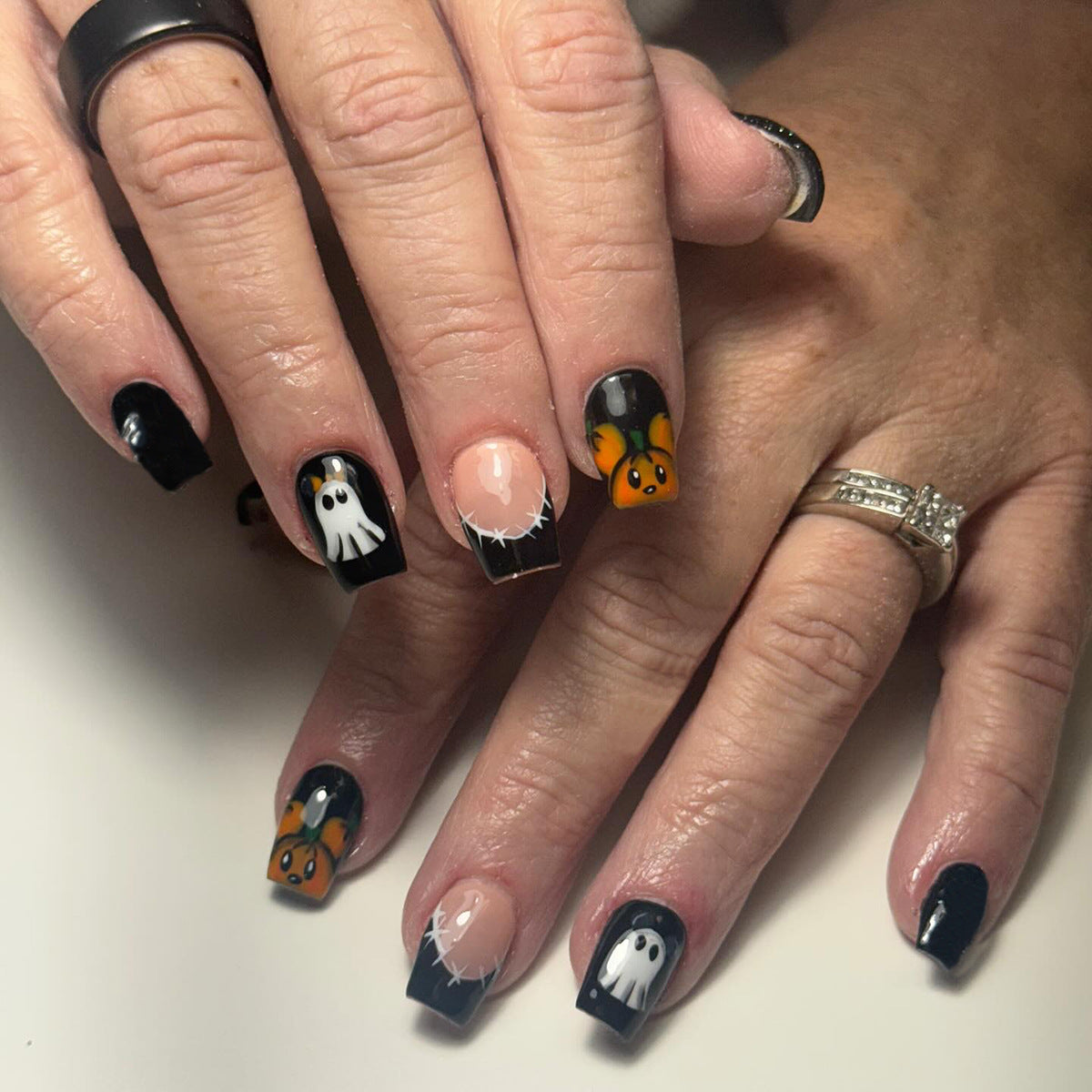 Spooky Halloween Short Square Black and Orange Nail Set with Ghost and Pumpkin Designs