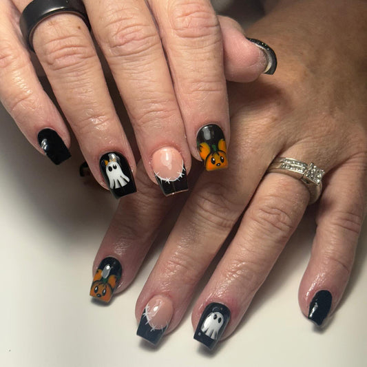 Spooky Halloween Short Square Black and Orange Nail Set with Ghost and Pumpkin Designs