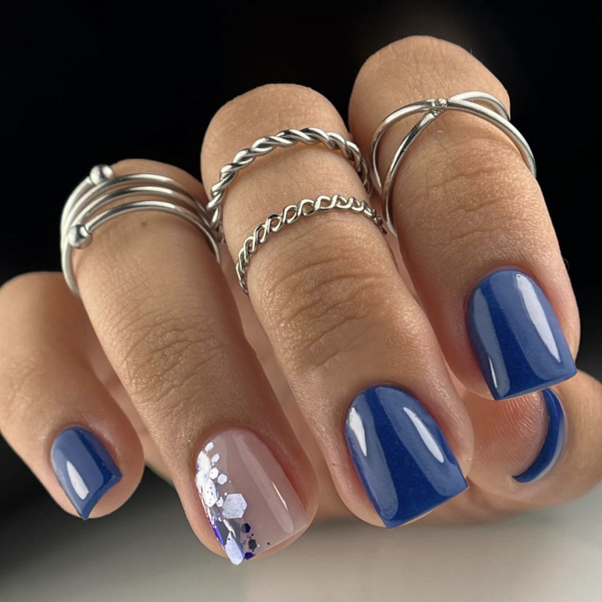 Nautical Elegance Short Square Blue Press On Nail Set with Unique Floral Accent