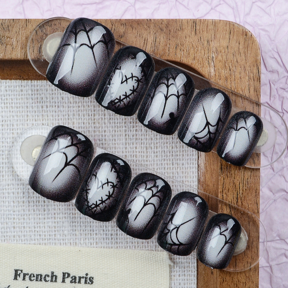Spooky Elegance Short Round Black and White Spiderweb Design Press On Nail Set