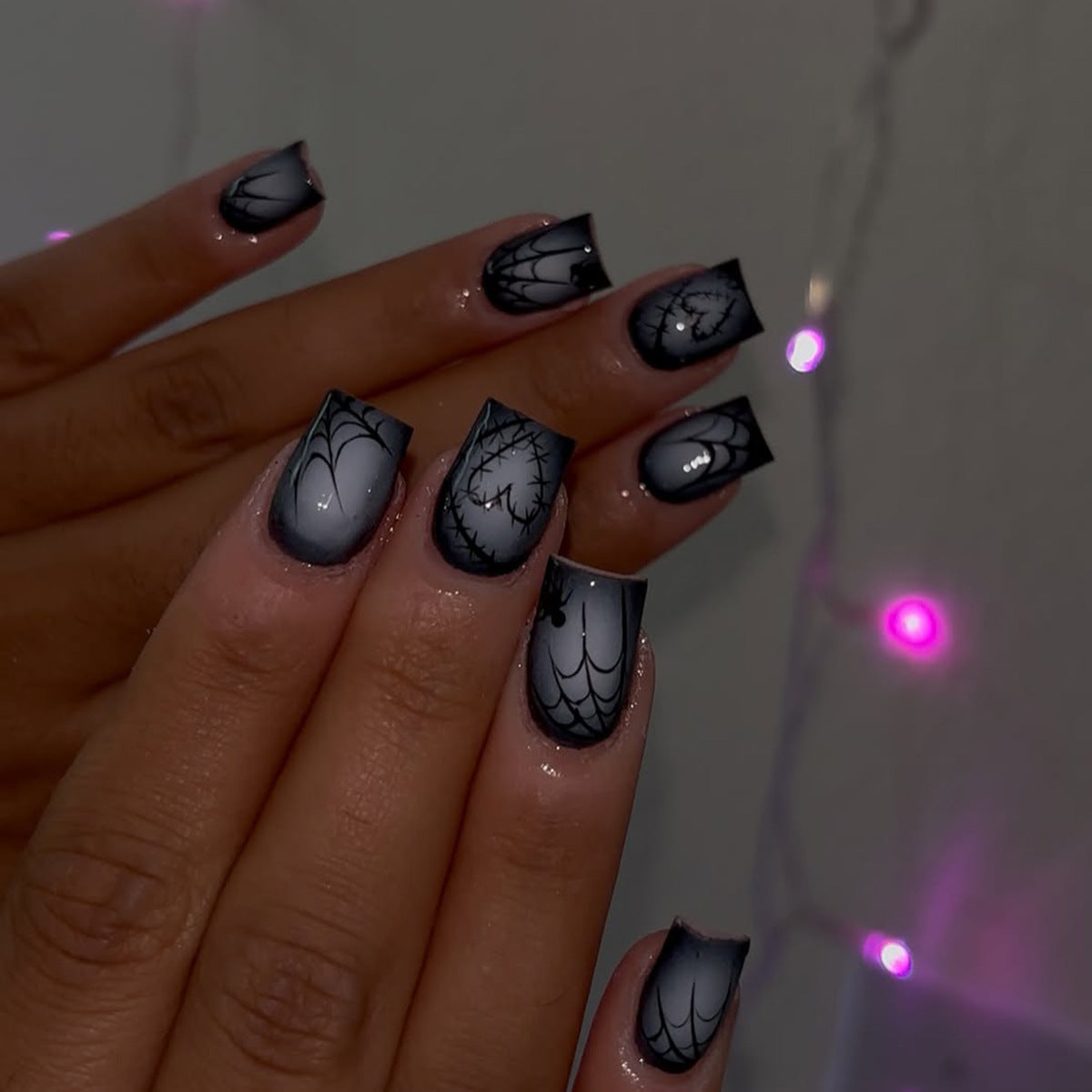 Spooky Glam Short Square Black Gradient with Spider Web Design Press On Nail Set