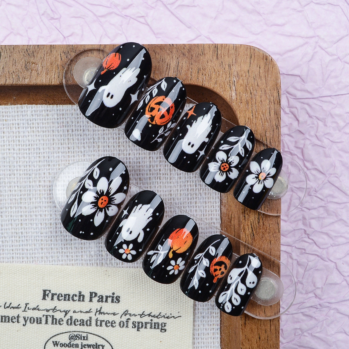 Spooky Charm Medium Oval Black with Whimsical Halloween Designs Press On Nail Set