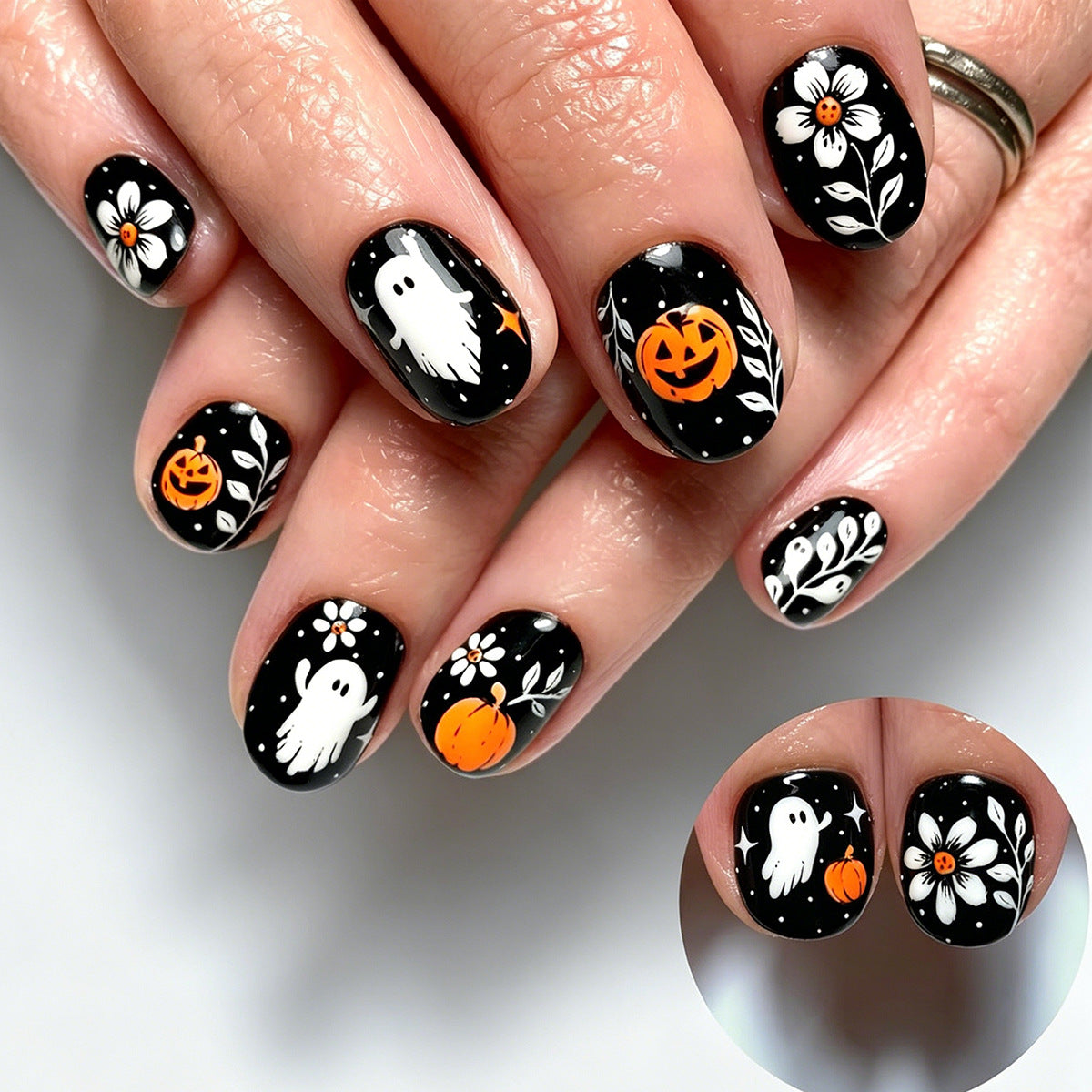 Spooky Halloween Short Oval Black with Ghost and Pumpkin Nail Set