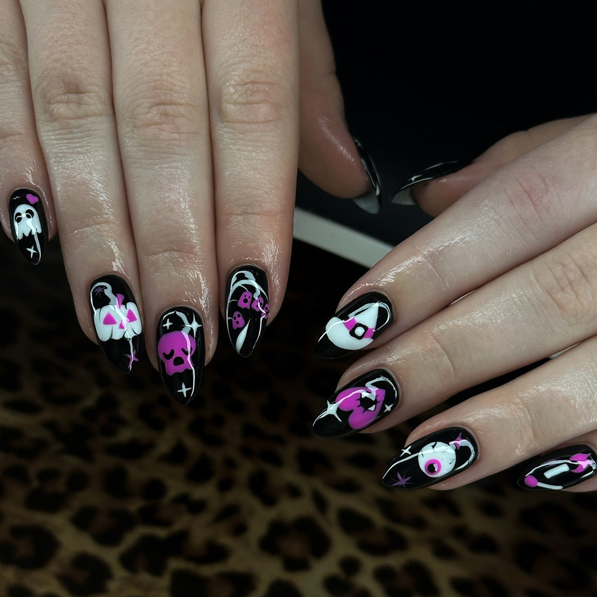 Gothic Glam Medium Almond Black and Pink Press on Nail Set with Unique Skull and Ghost Design