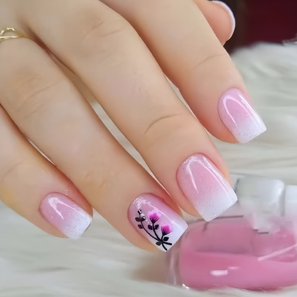 Floral Elegance Short Square Pink Ombre Press On Nail Set with Delicate Flower Design