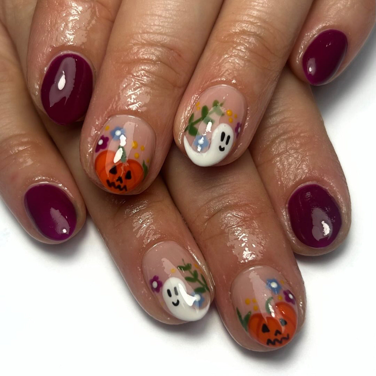 Spooktacular Short Round Purple and Halloween-Themed Press-On Nail Set