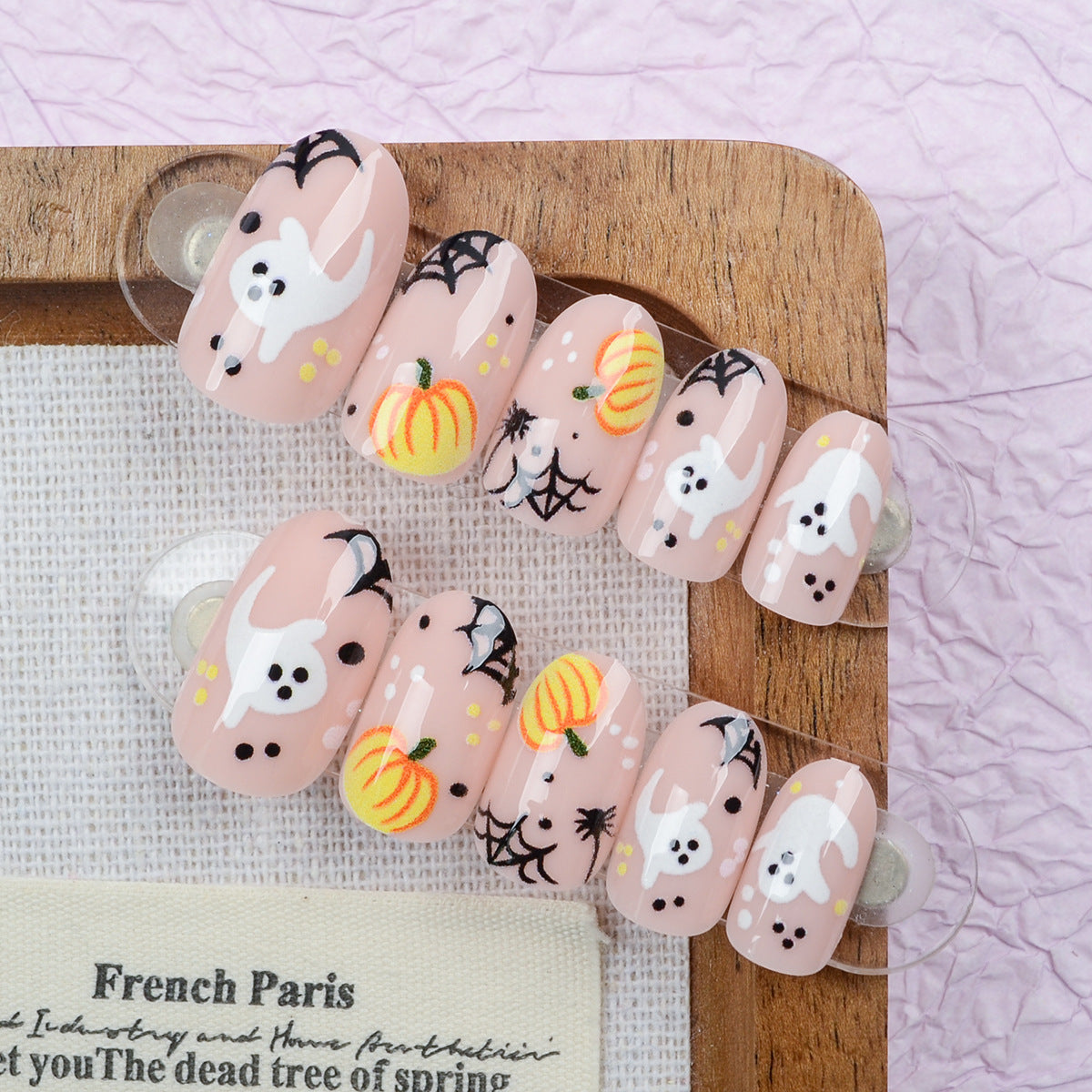 Spooky Ghosts Short Round Peachy Nail Set with Cute Pumpkin and Spider Design