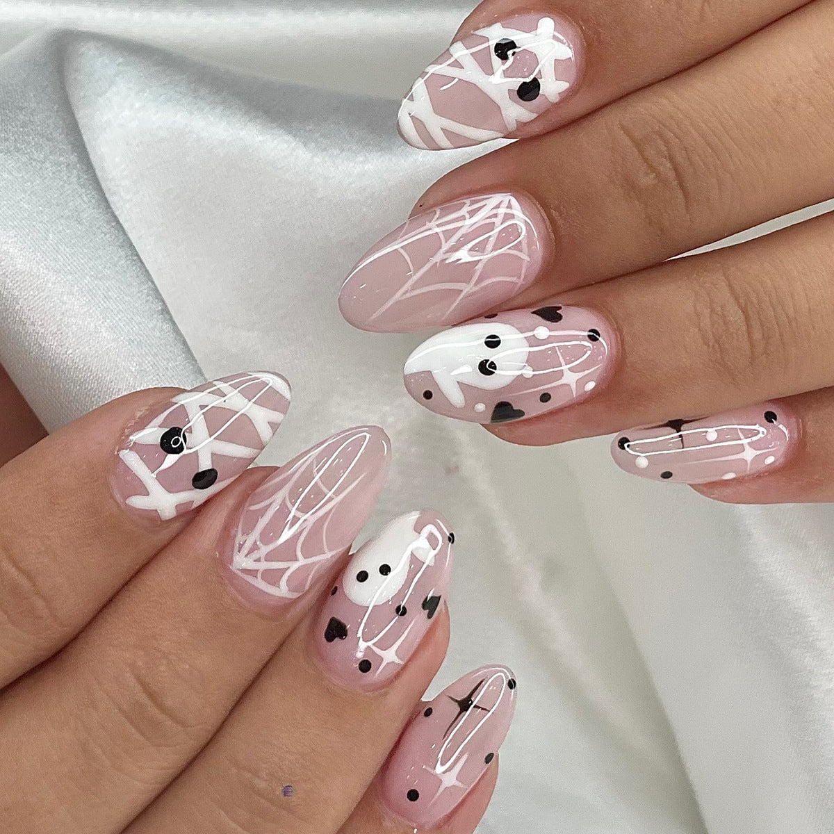 Chic Elegance Long Oval Pink and White Spider Web Press On Nail Set